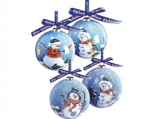 Набор ёлочных новогодних шаров "Мечтательный снеговичок", папье-маше, глянцевые и текстурные, 75 мм, упаковка 6 шт., Mister Christmas