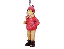 Ёлочная игрушка винтажная "Мальчик со снежком" в свитере, полистоун, 4х2х9 см, Hogewoning