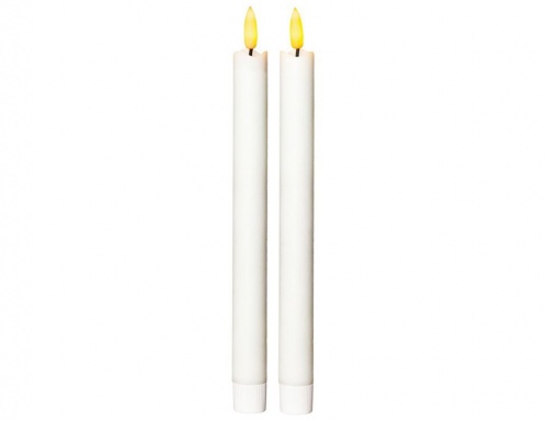 Электрические восковые столовые свечи FLAMME белые, тёплые белые мерцающие LED-огни, "натуральный фитилёк" 3D,  таймер, 2.1х25 см (набор 2 шт.), STAR trading