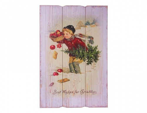 Панно "Винтажная открытка - мальчик с ёлкой", дерево, 1.8x40x60 см, Kaemingk