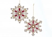 Снежинка ажурная с бусинами красн/зол 12,5 см