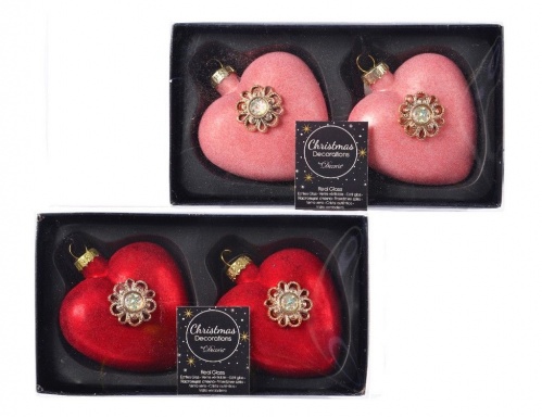 Набор стеклянных украшений "Бархатные сердечки", 8 см (упаковка 2 шт.), разные модели, Kaemingk фото 3