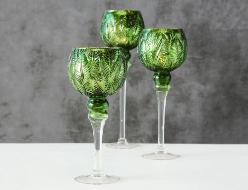 Подсвечники бокалы NOBLE LEAVES, стекло, зелёные, 30-40 см (3 шт.), Boltze фото 3