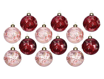Набор стеклянных ёлочных шаров ROMANCE DE FLEURS, розовые, розовый бархат, 8 см, упаковка 12 шт., Koopman International