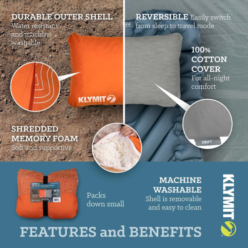 Надувная подушка Klymit Drift Camp Pillow Regular, 58x41x17 см, оранжевая фото 3