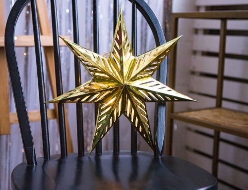 Подвесная звезда "Свет рождества", золотая, бумажная, 10 тёплых белых LED-огней, 40 см, таймер, батарейки, Kaemingk