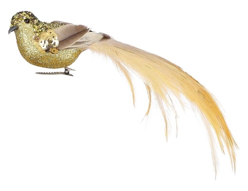 Декоративная птичка ДИТЯ СОЛНЦА на клипсе, перо, золотая, 22 см, Edelman