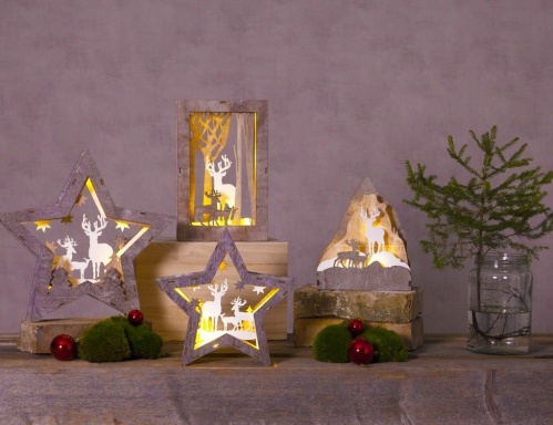 Светящаяся объёмная миниатюра "Олений уголок" (звезда), дерево, 10 тёплых белых LED-огней, батарейки, 34х32х6 см, STAR trading фото 2