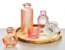 Набор вазочек и подсвечников "Розовый кварц" на подносе, стекло, дерево, Kaemingk
