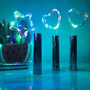 Электрогирлянда для бутылки "Роса", чёрная пробка, 15 разноцветных микро LED-огней, 75 см, серебряный провод, таймер, батарейки, Kaemingk