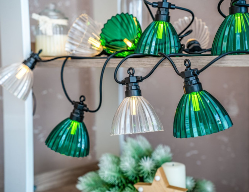 Светодиодная гирлянда из лампочек Party Lights - ФЛЮТЕД БЕЛЛЗ, 10 тёплых белых LED-огней, 5 м, коннектор, чёрный провод, уличная, Winter Deco