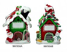 Елочное украшение "Пряничный домик для снеговика" красно-зеленый с подсветкой LED-огнями, полирезин,  6х6х9см, Forest Market