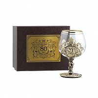 Бокалы - "Elite Glass Creations" - Бокал для коньяка "Настоящий мужчина С юбилеем! 80 лет" из дерева, стекла, картона и латуни