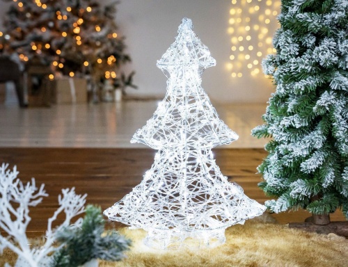 Декоративная светящаяся елка "Ажурная", акриловые нити, 80 холодных белых LED-огней, 60 см+5 м, уличная, Kaemingk фото 4