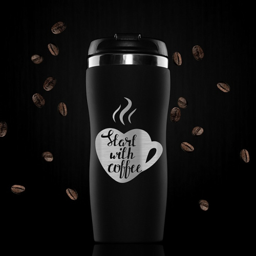Термокружка "Start with Coffee" в красном и чёрном цветах, изготовленная из нержавеющей стали, представленная в подарочной упаковке фото 2