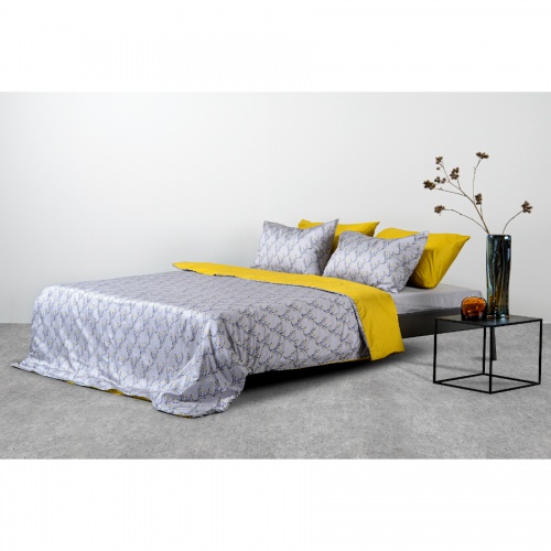 Комплект постельного белья полутораспальный из сатина горчичного цвета с принтом "Соцветие" фото 2