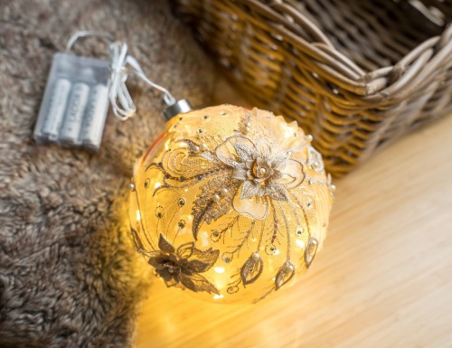Светящийся ёлочный шар ВОЗДУШНЫЙ АЙВОРИ, стекло, 30 тёплых белых микро LED-огней, 15 см, батарейки, Koopman International фото 5