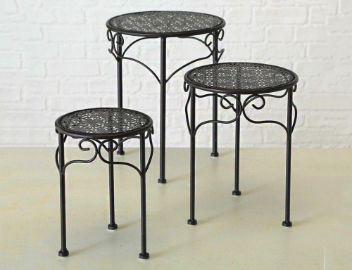 Комплект кованых подставок "Бордье" (три круглых столика), тёмно-коричневый, Boltze