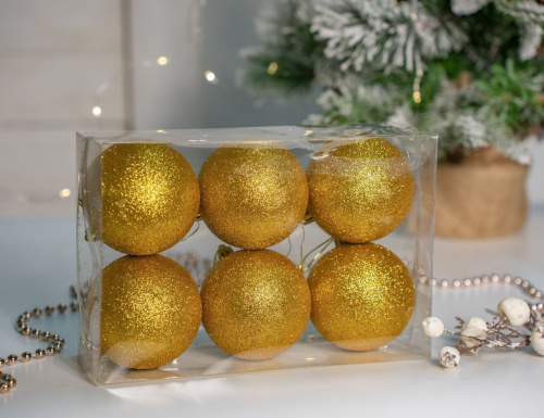 Набор однотонных пластиковых шаров, глиттер, золотой, 80 мм, упаковка 6 шт., Winter Deco фото 4
