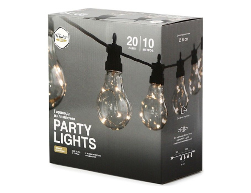 Светодиодная гирлянда Party Lights - СВЕТЛЯЧКИ В ЛАМПОЧКАХ прозрачная, 20 ламп, 100 экстра тёплых белых микро LED-огней, 10 м, коннектор, чёрный провод, уличная, Winter Deco фото 3