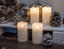 Набор светодиодных восковых свечей ЖИВАЯ ДУША, тёплые белые LED-огни мерцающие, 'натуральные фитильки', 7х13 см (4 шт.), ПДУ, Kaemingk (Lumineo)