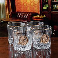Набор бокалов для виски Карат с золотой обводкой ( 4 шт.) с накладкой "Тигр" латунь, упаковка пейсли,ложемент,шелк