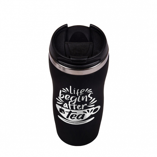 Термокружка "Life Begins After Tea" в красном и чёрном цветах, изготовленная из нержавеющей стали, представленная в подарочной упаковке фото 5