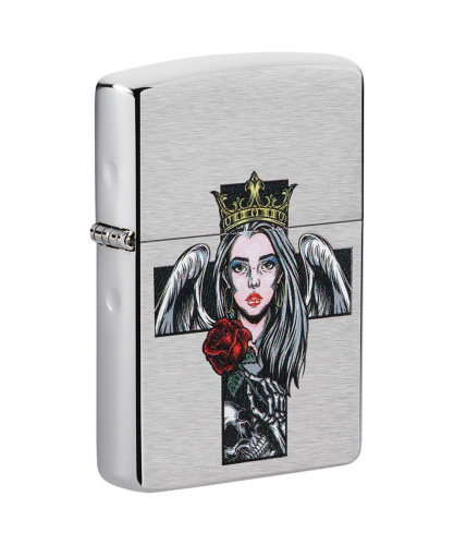 Зажигалка Zippo Cross, Queen and Skull Design, покрытие Brushed Chrome, серебристая