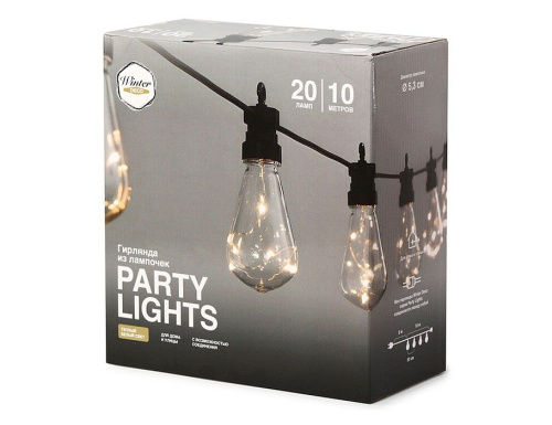 Светодиодная гирлянда из лампочек Party Lights - ЛЮСЬЁЛЬ ДРОЛЬ,  20 ламп, 100 тёплых белых микро LED-огней, 10 м, коннектор, чёрный провод, уличная, Winter Deco фото 3