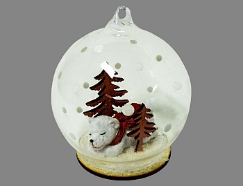 Стеклянный елочный шар с фигуркой "Спящий мишка", стекло, дерево, 8 см, Peha Magic