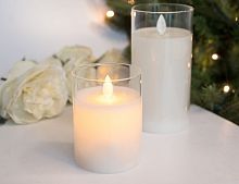 Светодиодная восковая свеча в стакане ЛИЛЬЯ, белая, имитация ‘живого’ мерцающего пламени, колышущийся язычок, 7.5х10 см, батарейки, Peha Magic
