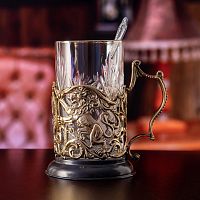 Подстаканник ручной работы "65 лет Юбилейный" в деревянной шкатулке, размер: диаметр 9 см, высота 12,5 см, объем 250 мл