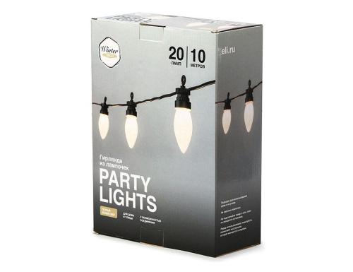 Светодиодная гирлянда из лампочек Party Lights - ШАРМ МИНЬОН, 20 тёплых белых LED-огней, 10 м, коннектор, чёрный провод, уличная, Winter Deco фото 3