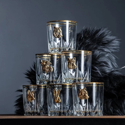 Набор бокалов для виски (6 шт.) с накладкой звери (латунь) в футляре пейсли с накладкой