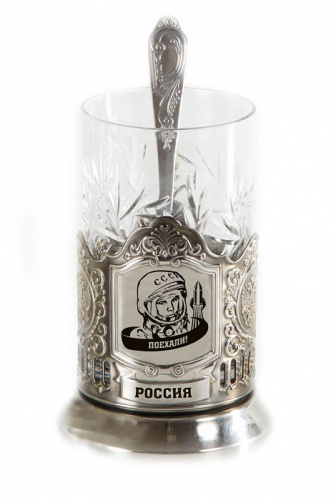 Стаканы никель "Гордость России, Гагарин" во футляре - Набор из подстаканника, хрустального стакана, чайной ложечки, представленный в подарочном футляре